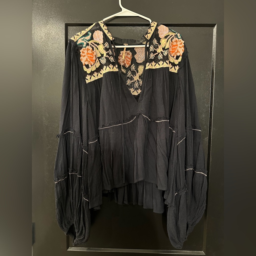 Free People Black Floral Embroidered Blouse